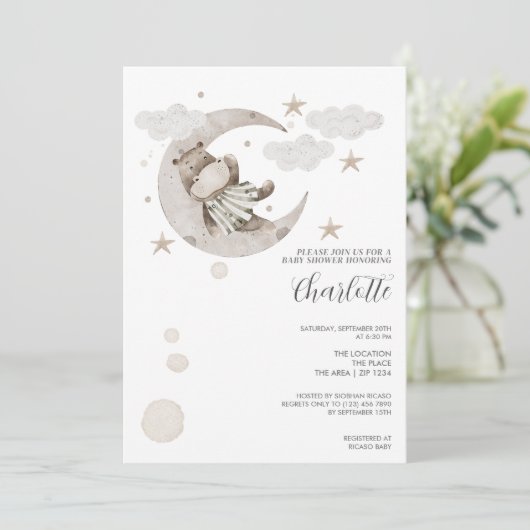 Niedliches Hippo auf der Mond-Babydusche Einladung (Stehend Vorderseite)