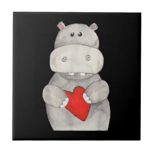 Niedliches Hippo Hippopotamus Holding Herz   Liebe Fliese