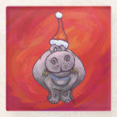 Niedliches Hippo in Weihnachtsmannmütze auf Rot Glasuntersetzer (Vorderseite)