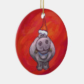 Niedliches Hippo in Weihnachtsmannmütze auf Rot Keramik Ornament (Rechts)