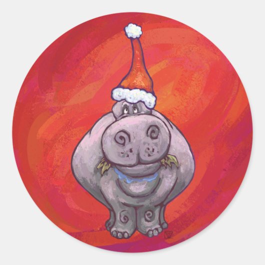Niedliches Hippo in Weihnachtsmannmütze auf Rot Runder Aufkleber (Vorderseite)