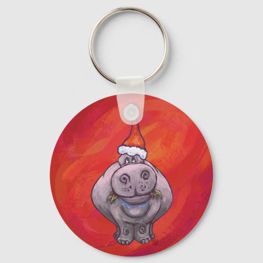 Niedliches Hippo in Weihnachtsmannmütze auf Rot Schlüsselanhänger (Vorderseite)