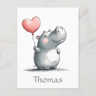 Niedliches Hippo mit Heart Balloon Illustration Postkarte