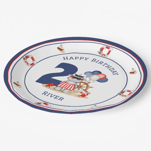 Niedliches Hippo Nautical Birthday Boy Blue Custom Pappteller (Schrägansicht)
