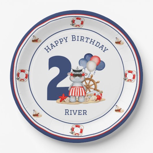Niedliches Hippo Nautical Birthday Boy Blue Custom Pappteller (Vorderseite)