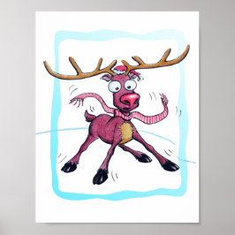 Niedliches Hirsch auf Eis Sonnige Weihnachtsfeiert Poster