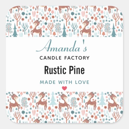 Niedliches Hirsch in Whimsical Forest Pattern Kerz Quadratischer Aufkleber (Vorderseite)