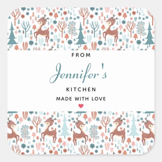 Niedliches Hirsch in Whimsical Forest Pattern Küch Quadratischer Aufkleber (Vorderseite)