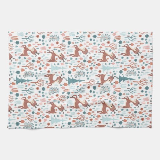 Niedliches Hirsch in Whimsical Forest Pattern Weih Geschirrtuch (Horizontal)