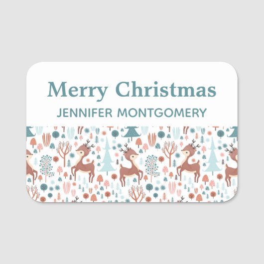 Niedliches Hirsch in Whimsical Forest Pattern Weih Namensschild (Vorderseite)