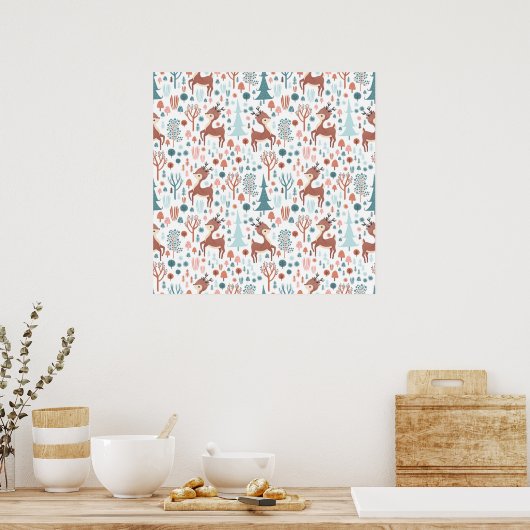 Niedliches Hirsch in Whimsical Forest Pattern Weih Poster (Küche)