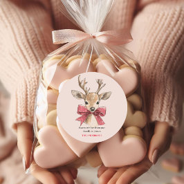 Niedliches Hirsch mit Rotem Bow | Rosa Weihnachten Runder Aufkleber