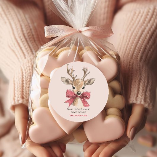 Niedliches Hirsch mit Rotem Bow | Rosa Weihnachten Runder Aufkleber