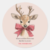 Niedliches Hirsch mit Rotem Bow | Rosa Weihnachten Runder Aufkleber (Vorderseite)