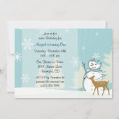 Niedliches Hirsch mit Schneemann Winter 1. Geburts Einladung (Rückseite)