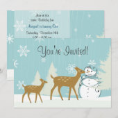 Niedliches Hirsch mit Schneemann Winter 1. Geburts Einladung (Vorne/Hinten)