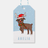 Niedliches Hirsch mit Weihnachtsmannmütze Schnee W Geschenkanhänger (Vorderseite)