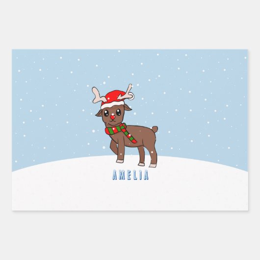 Niedliches Hirsch mit Weihnachtsmannmütze Schnee W Geschenkpapier Set (Vorderseite)