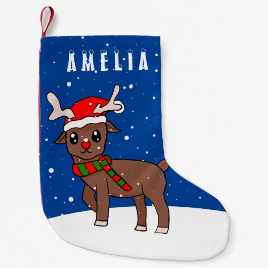 Niedliches Hirsch mit Weihnachtsmannmütze Schnee W Kleiner Weihnachtsstrumpf (Vorderseite)