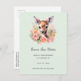 Niedliches Hirsch Save the Date umgeben von Rose Ankündigungspostkarte