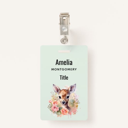 Niedliches Hirsch, umgeben von Rose Ausweis (Rückseite mit Klammer)
