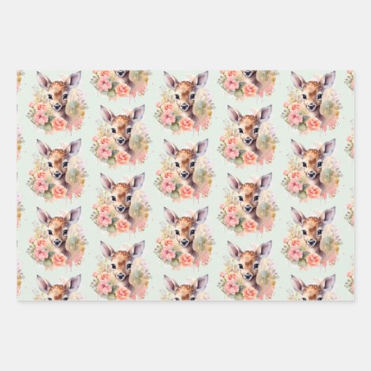 Niedliches Hirsch umgeben von Rose Muster Geschenkpapier Set (Vorderseite 3)
