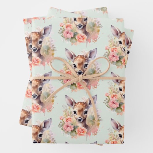 Niedliches Hirsch umgeben von Rose Muster Geschenkpapier Set (Beispiel)