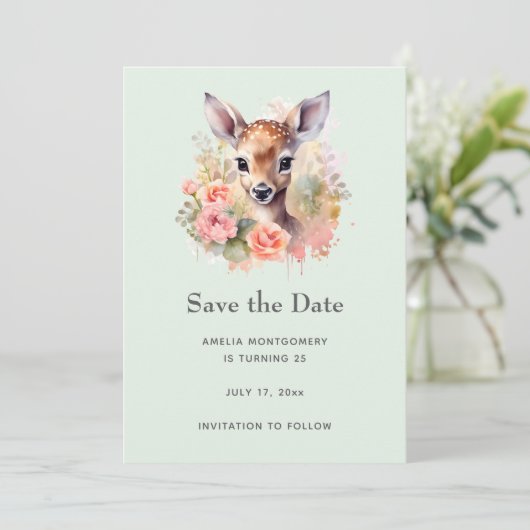 Niedliches Hirsch, umgeben von Rose Save The Date (Stehend Vorderseite)