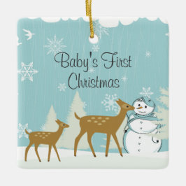 Niedliches Hirsch und Snowman Winter Baby's 1. Wei Keramikornament
