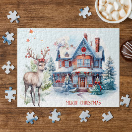 Niedliches Hirschkuchen Zuhause Weihnachtspuzzle Puzzle