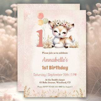 Niedliches Hirschwald Boho Girl 1. Geburtstag Einladung