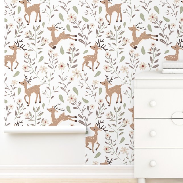 Niedliches Hirschwald Neutrales Kinderzimmer Kinde Tapete (Cute Deer Woodland Neutral Nursery Kids Room White Wallpaper)