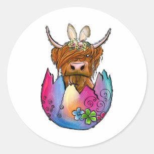 Niedliches Hochland Kuh Ostern Bunny Cow Girls Ost Runder Aufkleber