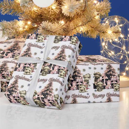 Niedliches Hochlandkuh Pink Weihnachtswrapping Pap Geschenkpapier (Feiertage)