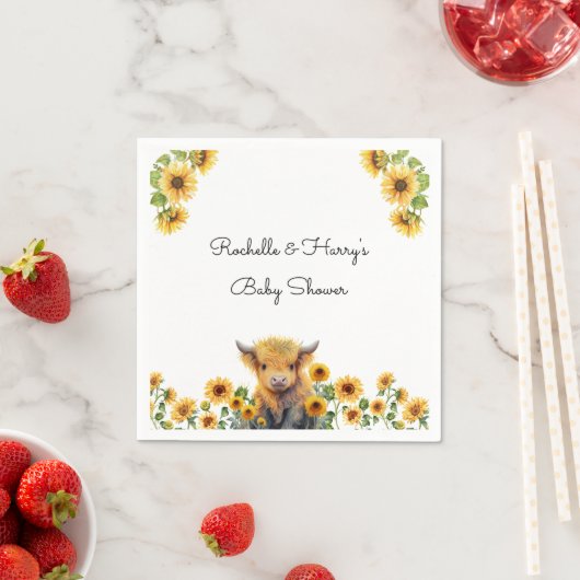 Niedliches Hochlandkuhkalb Sonnenblumen Babydusche Serviette (Beispiel)