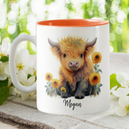 Niedliches Hochlandkuhkalb Sonnenblumen Personalis Zweifarbige Tasse