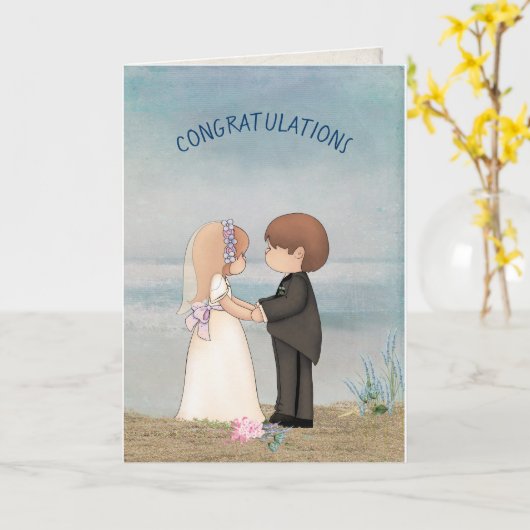 niedliches Hochzeitspaar am Strand Karte (Gelbe Blume)