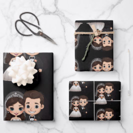 Niedliches Hochzeitspaar mit fröhlichem Lächeln. Geschenkpapier Set