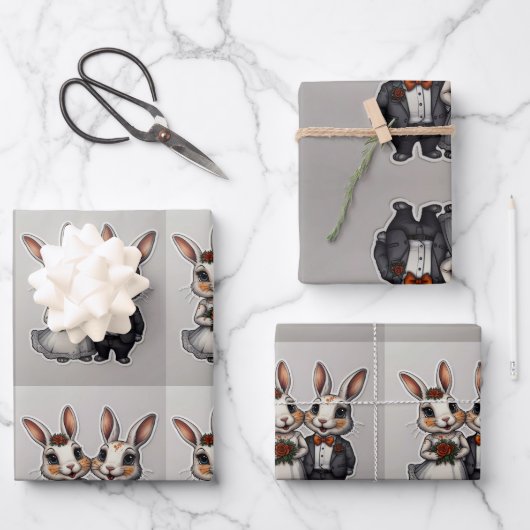 Niedliches HochzeitsRabbit Couple mit fröhlichem L Geschenkpapier Set (Vorderseite)