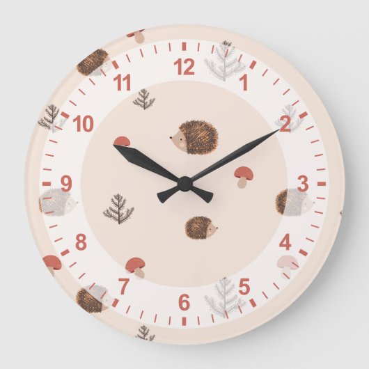 Niedliches Holz Igel- und Pilzmuster Große Wanduhr (Vorderseite)