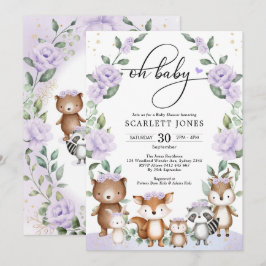 Niedliches Holz Lila Blumengrün Kinderdusche Einladung