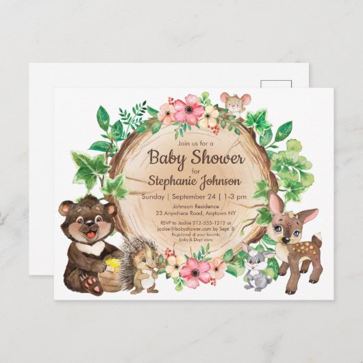 Niedliches Holz Rustikale Aquarell Tierbabydusche Postkarte (Vorne/Hinten)