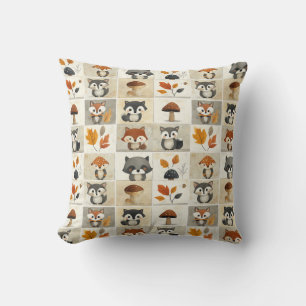 Niedliches Holzschnitt Muster: Adorable Tiere Kissen