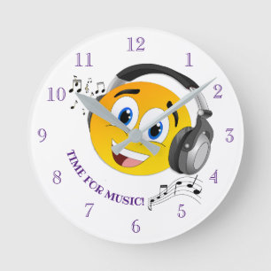 Niedliches Hören von Musik-Emoji Runde Wanduhr