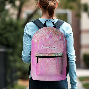Niedliches Hot Pink Rainbow Glitzer Tropfen Monogr Bedruckter Rucksack