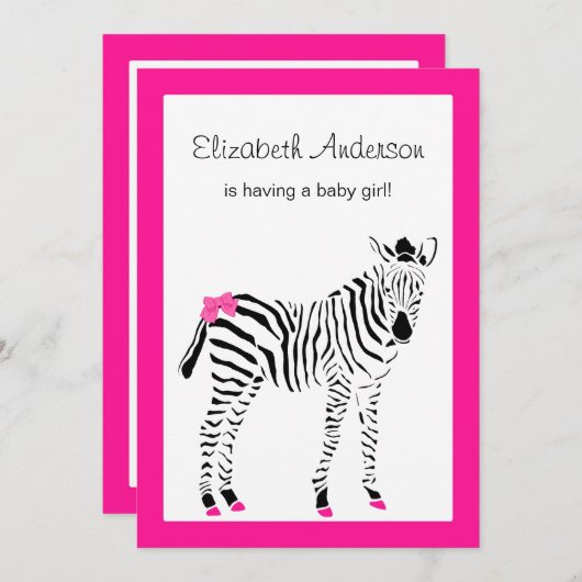 Niedliches Hot-Pink und schwarze Zebra Girly Babyd Einladung (Vorne/Hinten)