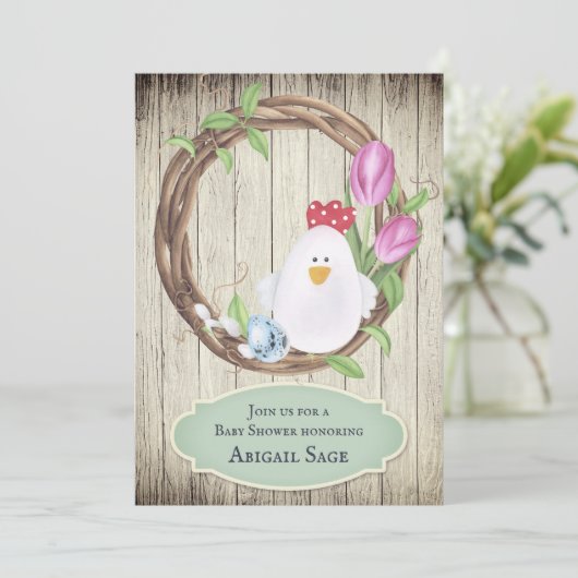 Niedliches Hühnchen, Eier, Kranz und Tulips Kinder Einladung (Stehend Vorderseite)