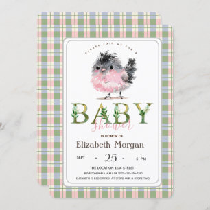 Niedliches Hühnchen Grün rosa Karierte Kinderdusch Einladung