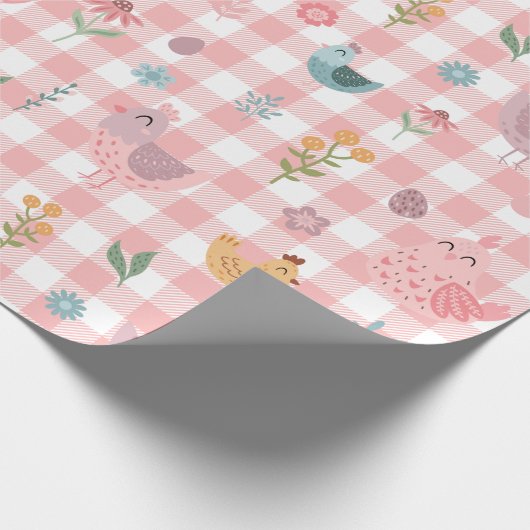 Niedliches Hühnerpeach Gingham Wrapping Paper Geschenkpapier (Ecke)