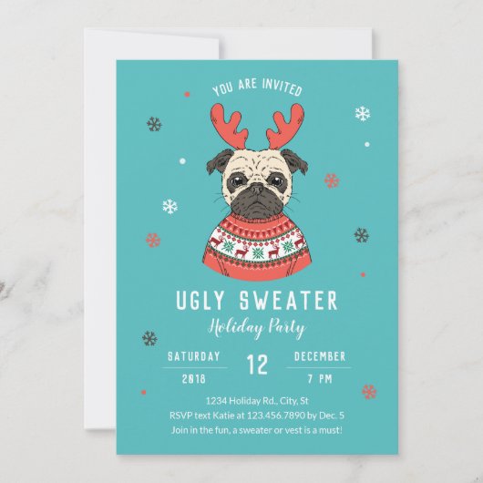Niedliches Hundezeichen Ugly Sweater Party Einladung (Vorderseite)